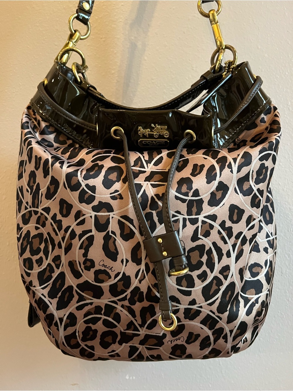 Coach Marielle Ocelot Leopard Print Drawstring Shoulder Bag Sateen 17768 Optic